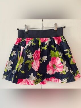Hollister Navy Skater Skirt with Pink Floral Print